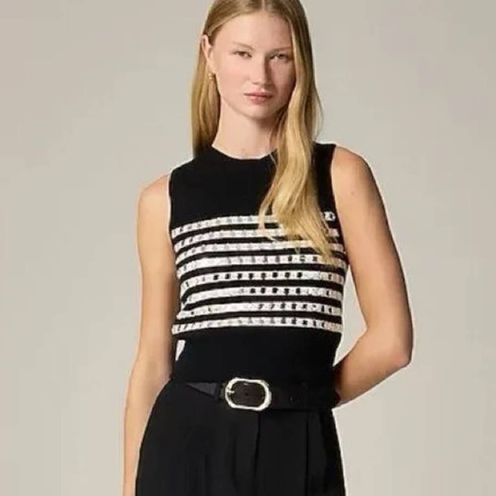 NWT J. Crew M Black and off white embellished Striped Sleeveless sweater shell